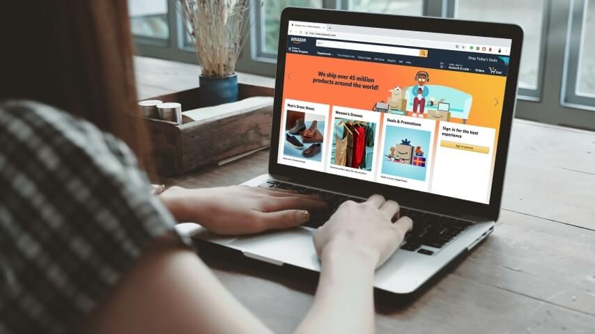 A woman browsing products on Amazon.
