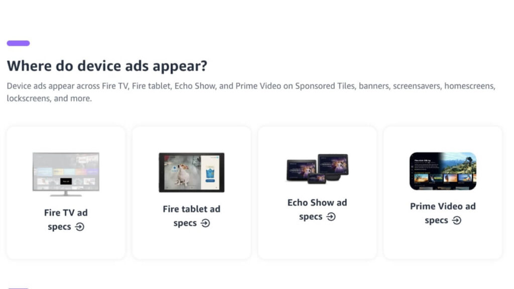 List of places where Amazon device ads appear – Fire TV, Fire Tablet, Echo Show, Prime Video, and more.