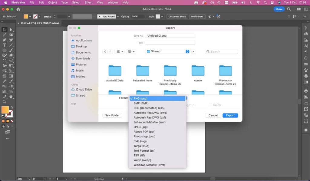 Adobe Illustrator file export format selection Adobe Illustrator file export format selection.
