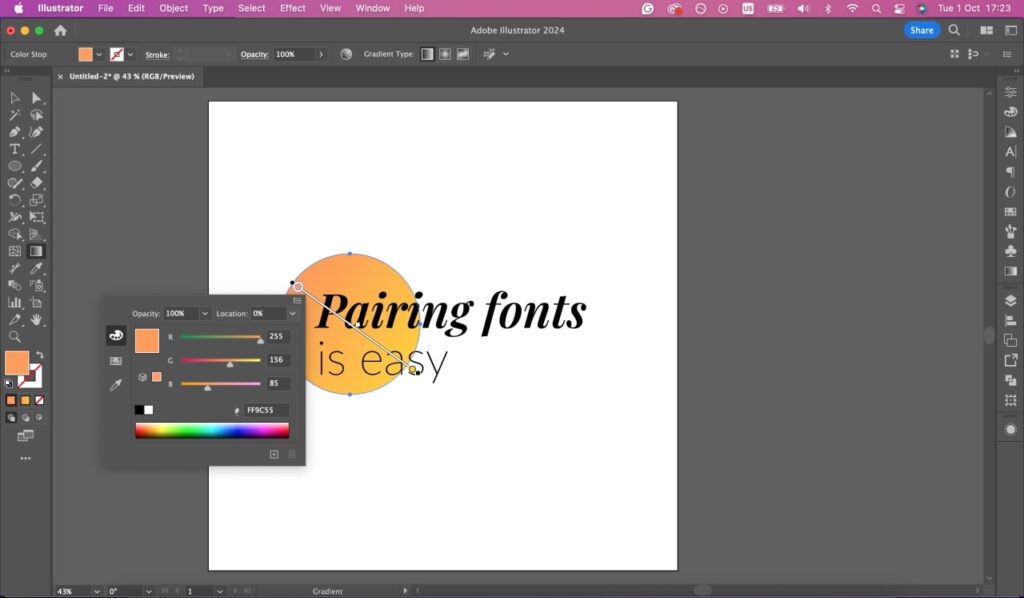 Applying gradients and effects Adobe Illustrator gradient tool applied to a shape.