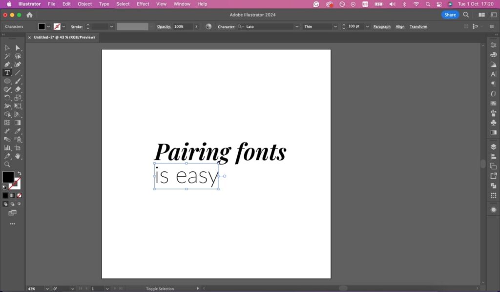 Choosing and pairing fonts Adobe Illustrator with an open project file.