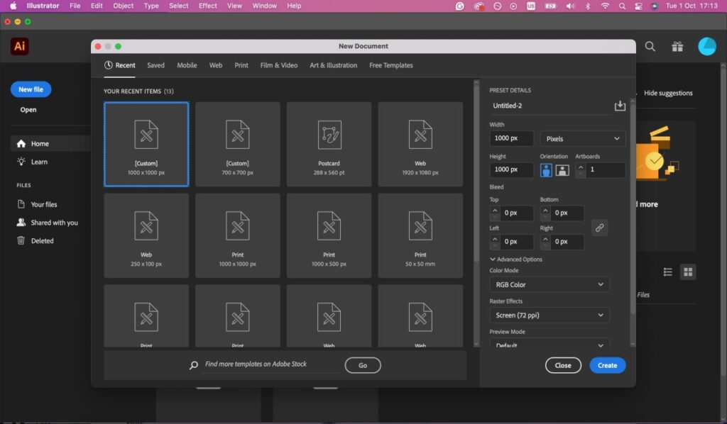 Create a new project file Adobe Illustrator new document creation window.