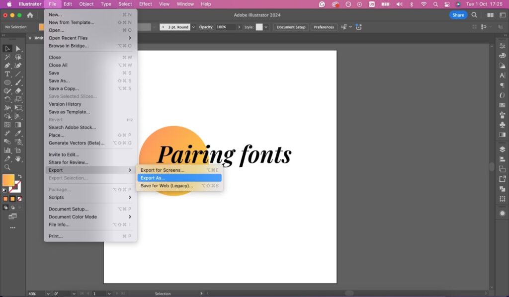Exporting your designs Adobe Illustrator file export tab.