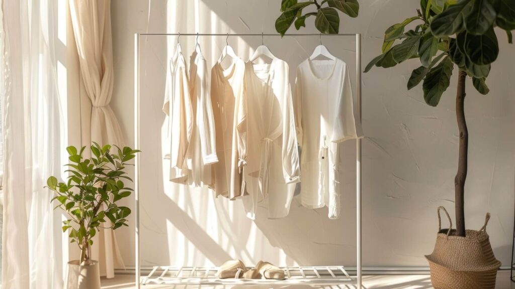 Clothes on a clothing rack in a light environment.