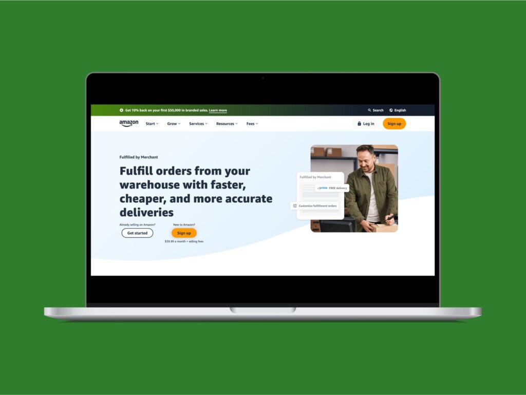 Amazon’s Fulfillment by Merchant (FBM) homepage hero section screenshot.