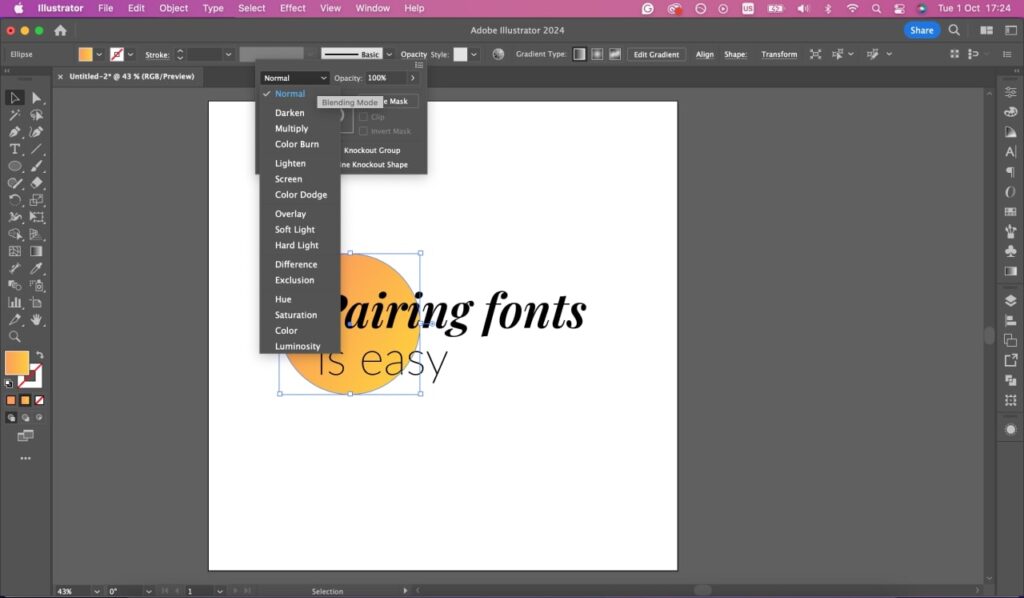 Object blending mode tab in Adobe Illustrator Object blending mode tab in Adobe Illustrator.
