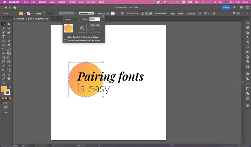 Object opacity tab in Adobe Illustrator Object opacity tab in Adobe Illustrator.