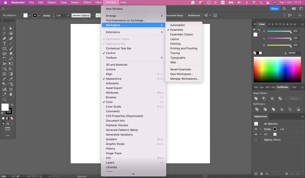 Set up your workspace Adobe Illustrator workspace setup tab.