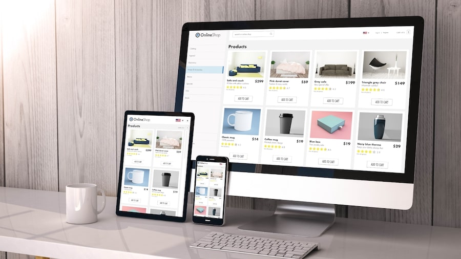 Step 3 Set up your online home decor store A computer screen, a tablet, and a phone with a store catalog on the screens.