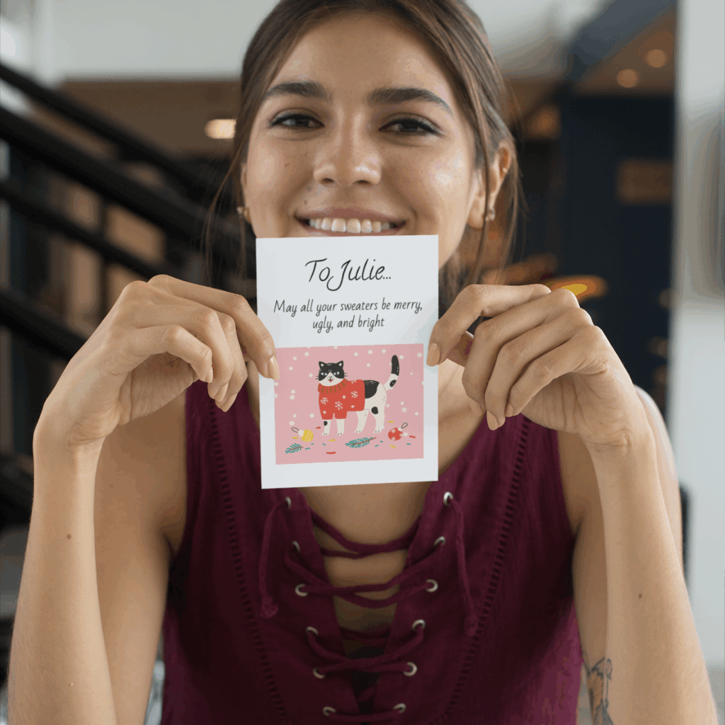 02 Joyful holiday greetings for friends A woman smiles while holding a card featuring a colorful illustration of a cat.