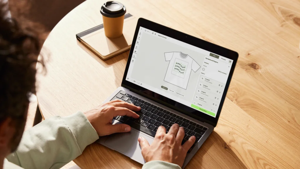 A man is using a laptop, creating a custom product with Printify’s Product Creator.