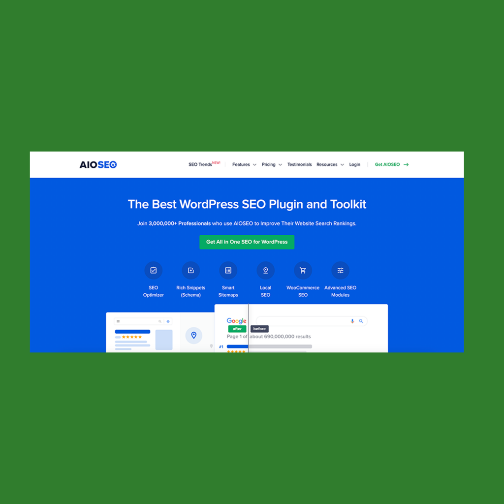 Screenshot of the AIOSEO homepage.