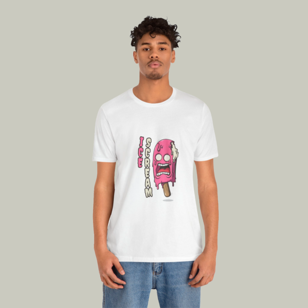 A mockup of a man wearing a t-shirt with a custom “Ice cream” print on a light-green background.
