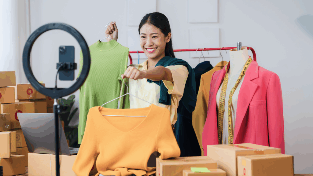 How to integrate these trends into your Etsy marketing plan and selling strategy A woman is showing clothes in front of a phone camera.