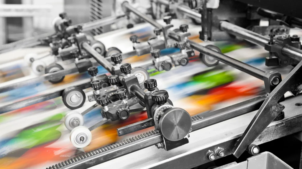 A machine in a factory produces vibrant sheets of colorful paper, showcasing the manufacturing process.