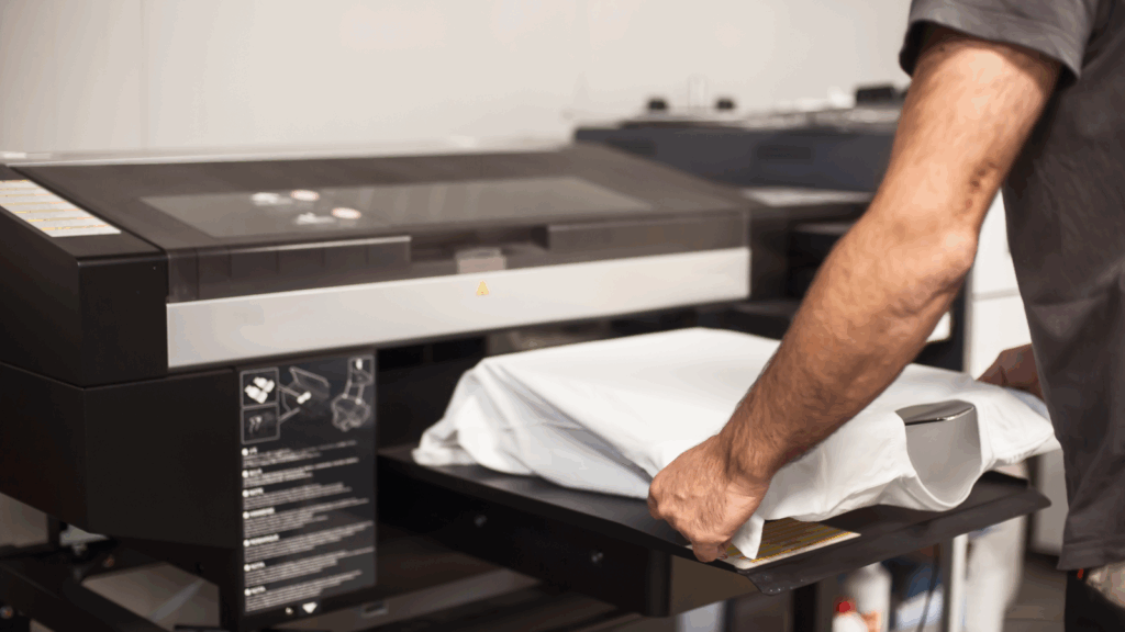 How to print on a t shirt – DIY vs print on demand A man is preparing a white t-shirt for printing.
