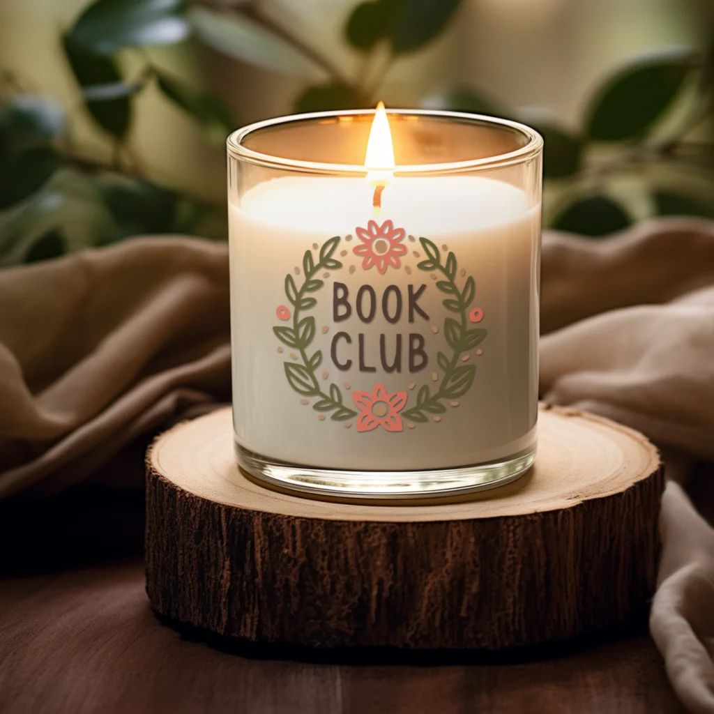 A custom “Book club” candle standing on a cut tree piece.