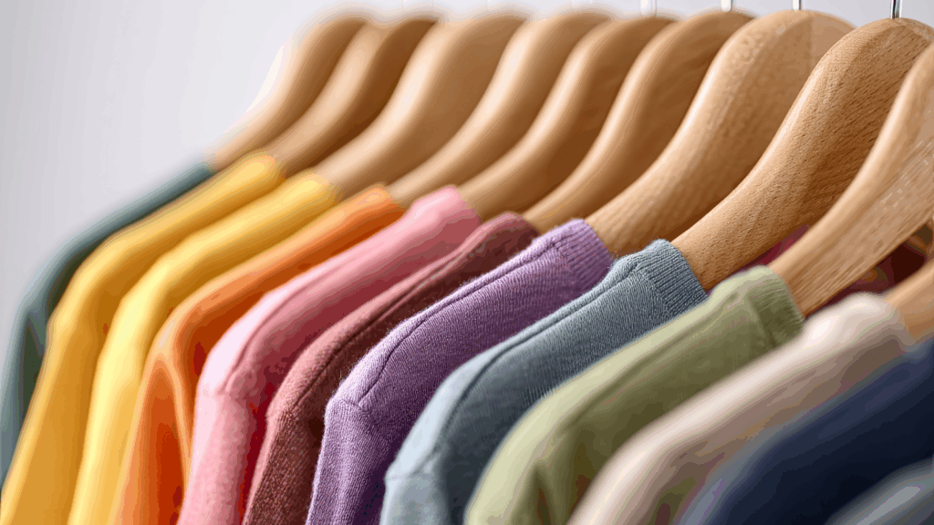 Pick the right shirt Multiple t-shirts in different colors on hangers.