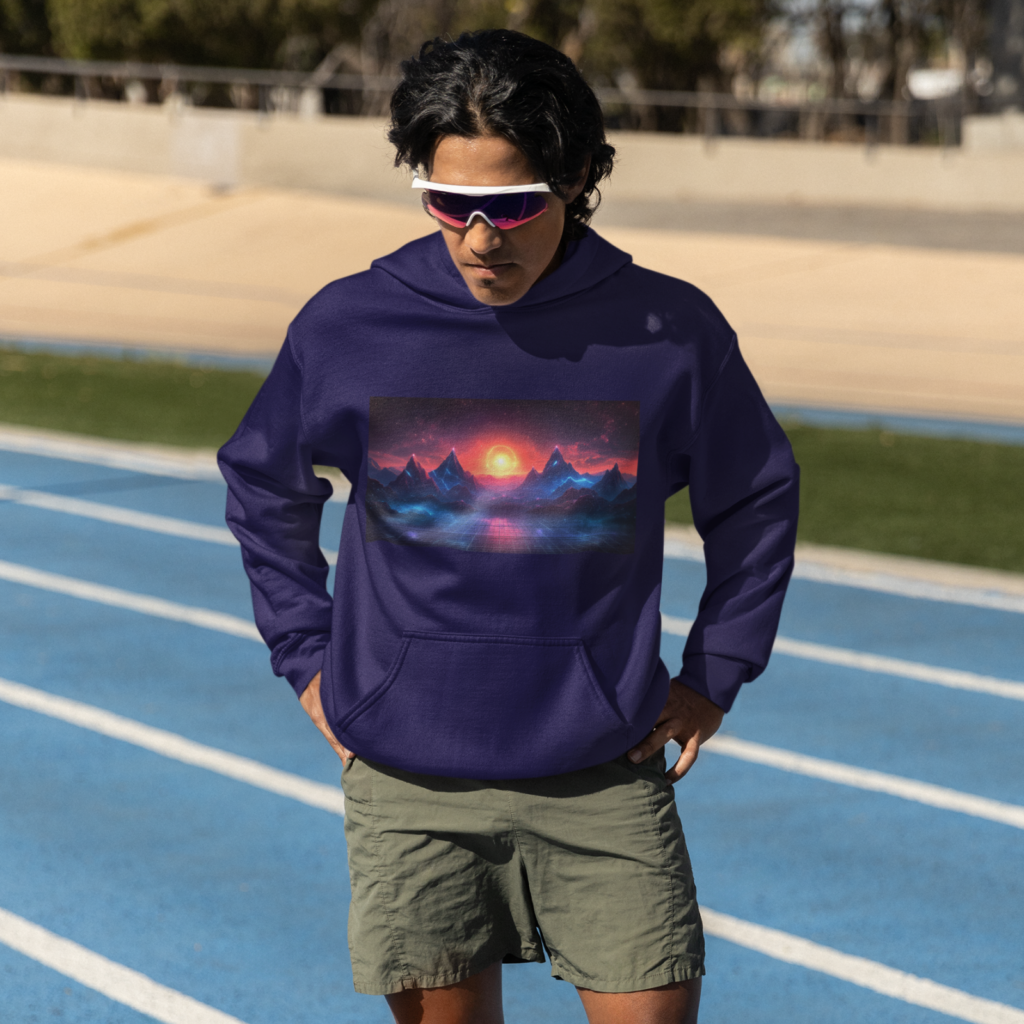 A man in a purple hoodie with a retro-wave styled print, wearing shorts and sunglasses.
