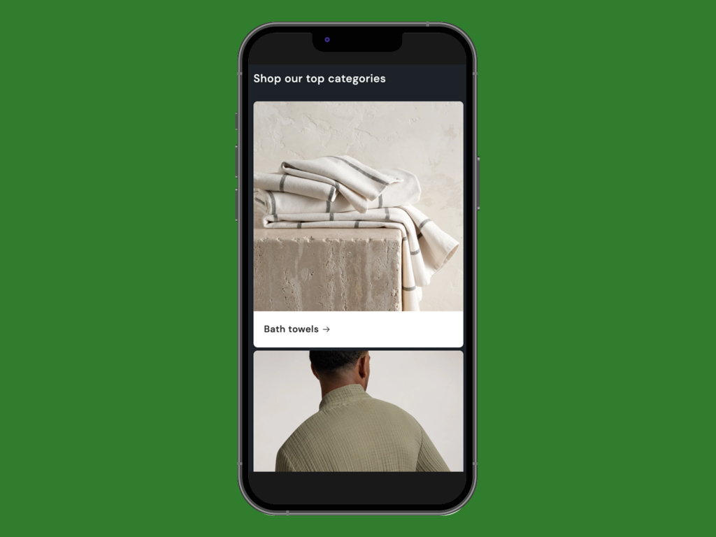 A screenshot mockup of Shopify’s Trade theme categories or collection pages section on a mobile device.