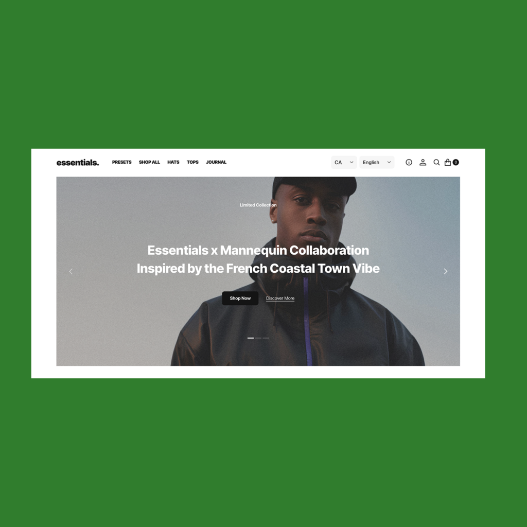 A screenshot mockup of Shopify’s Essentials theme hero section slider.