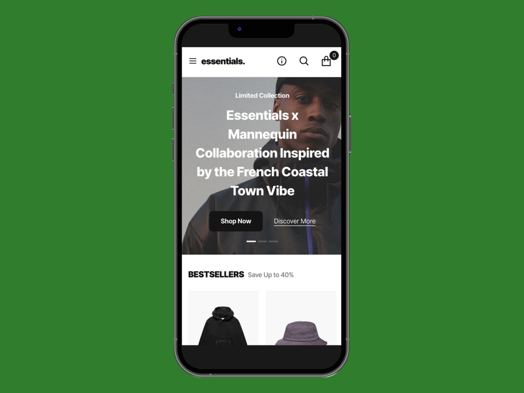 A screenshot mockup of Shopify’s Essentials theme hero section slider on a mobile phone.