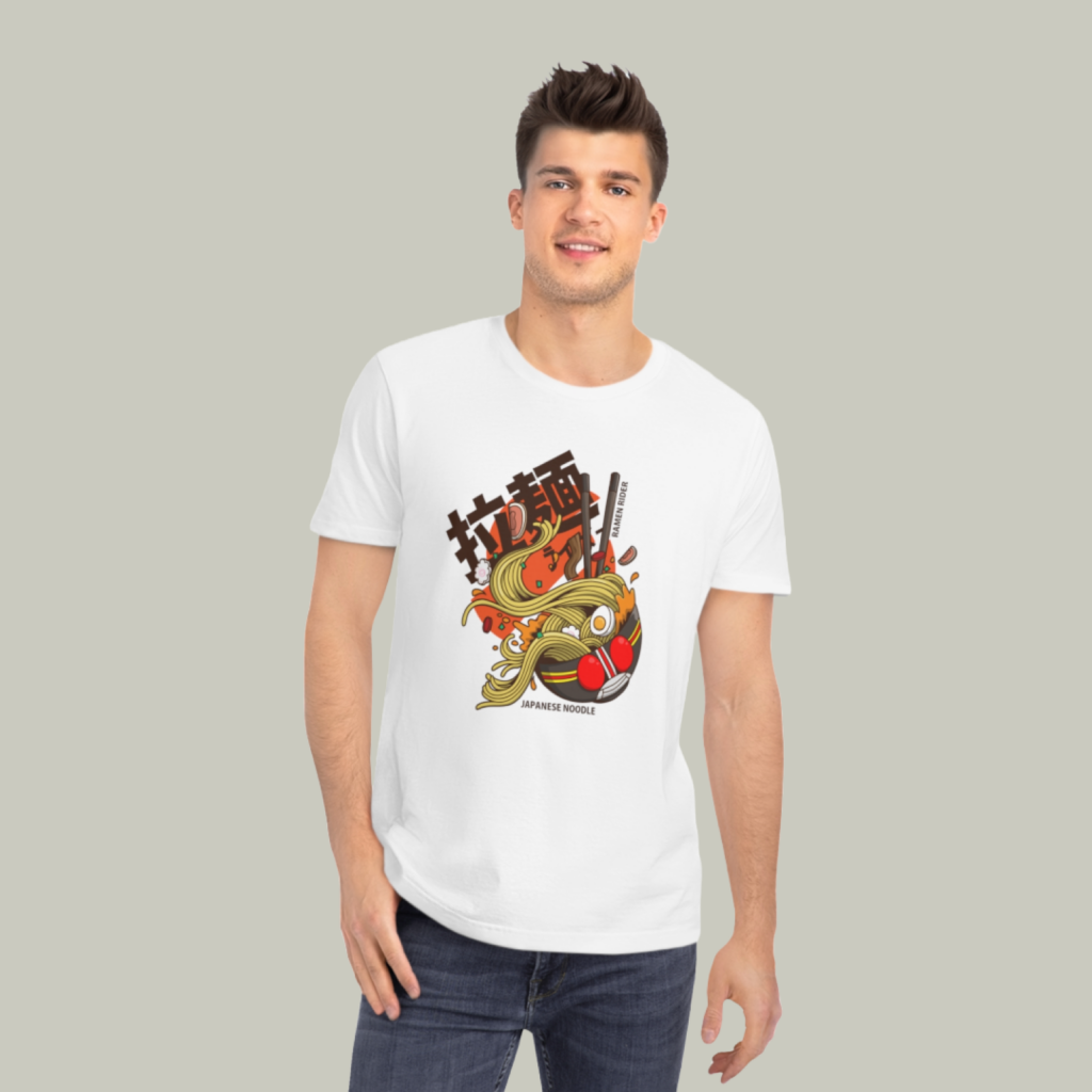 A mockup of a man wearing a t-shirt with a custom Japanese noodle-theme print on a light-green background.