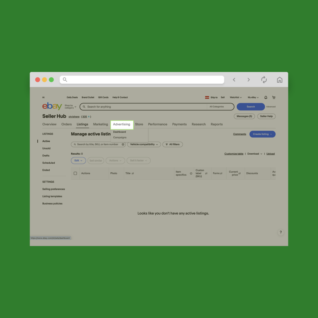 eBay Advertising A screenshot showing eBay’s Seller Hub advertising tab.